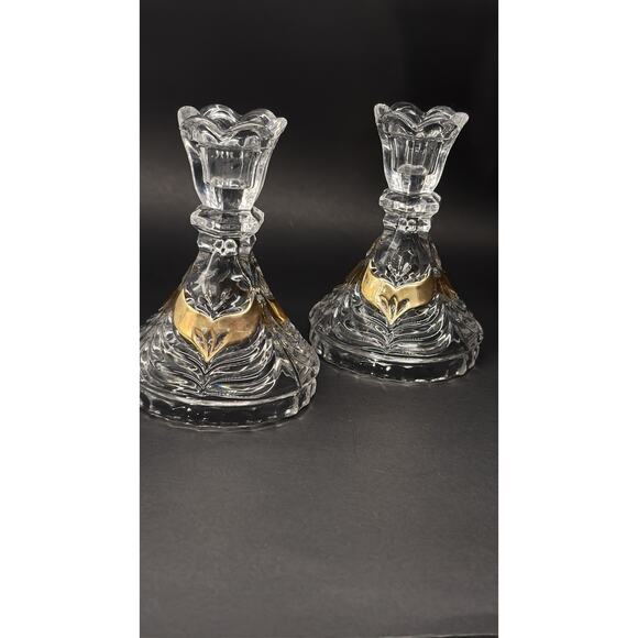 Vintage Set Lead Crystal CANDLE HOLDERS Gold Wing Design Anna Hutte Bleikristall - Picture 16 of 16